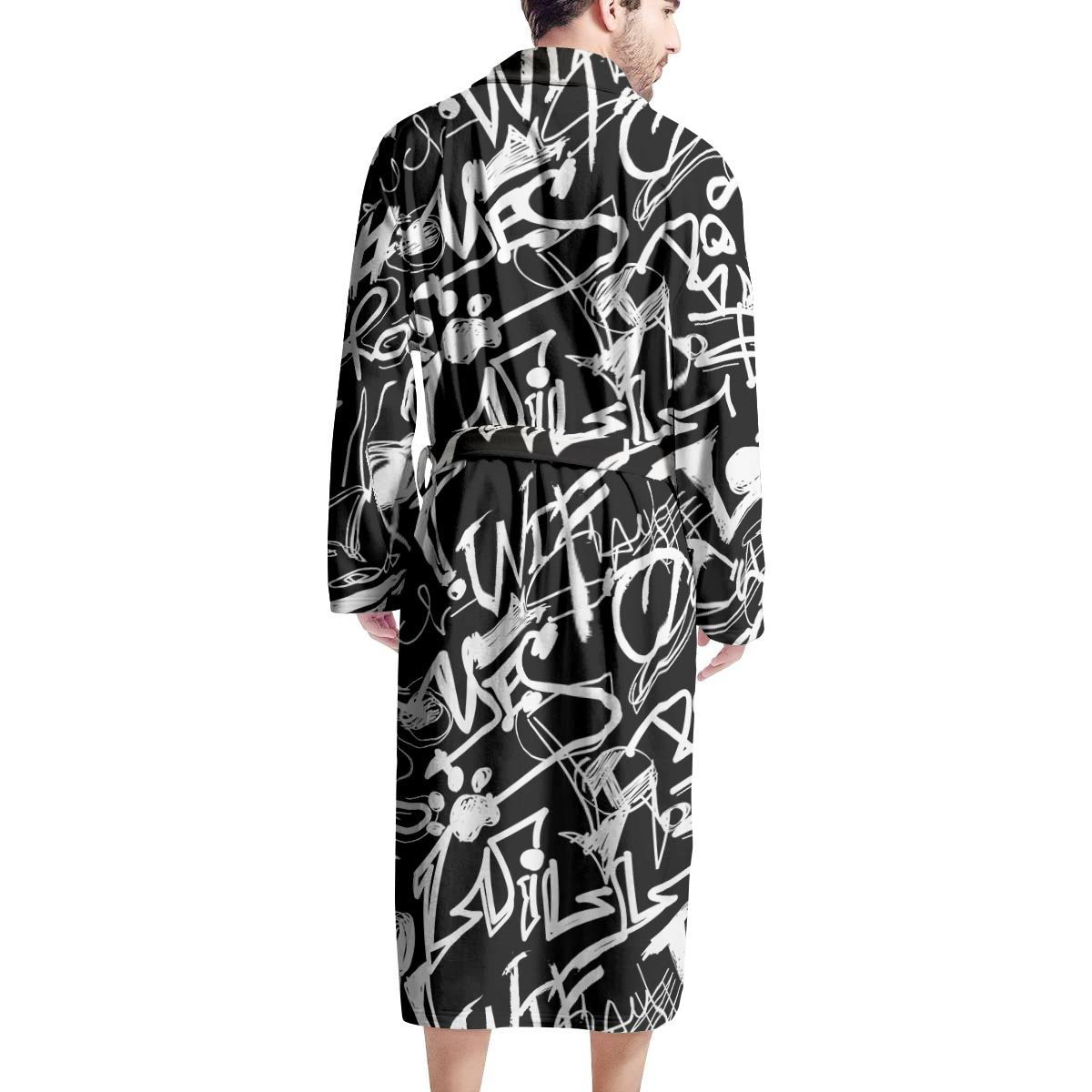 Black And White Graffiti Doodle Text Print Men's Robe-grizzshop