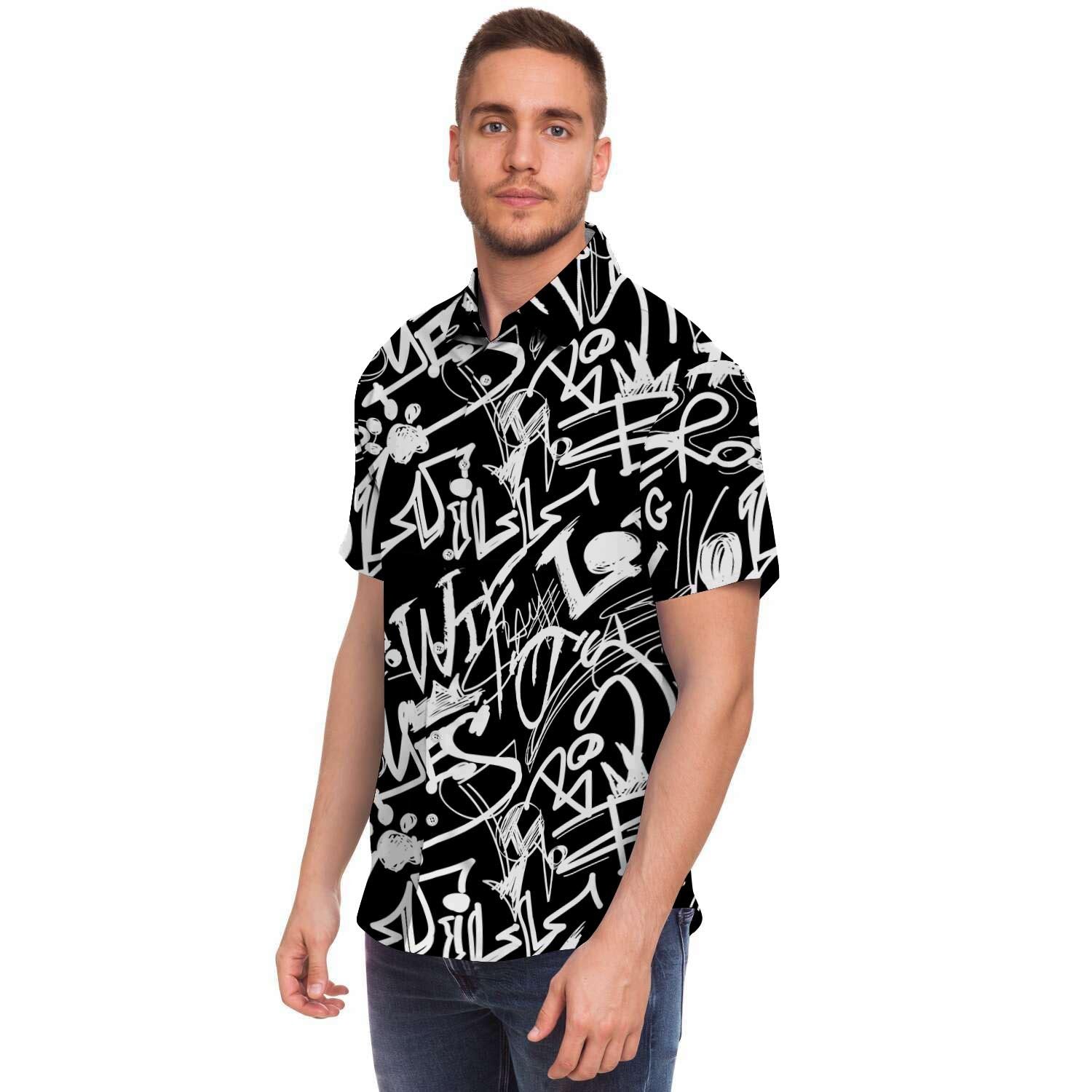 Black And White Graffiti Doodle Text Print Men's Short Sleeve Shirt-grizzshop