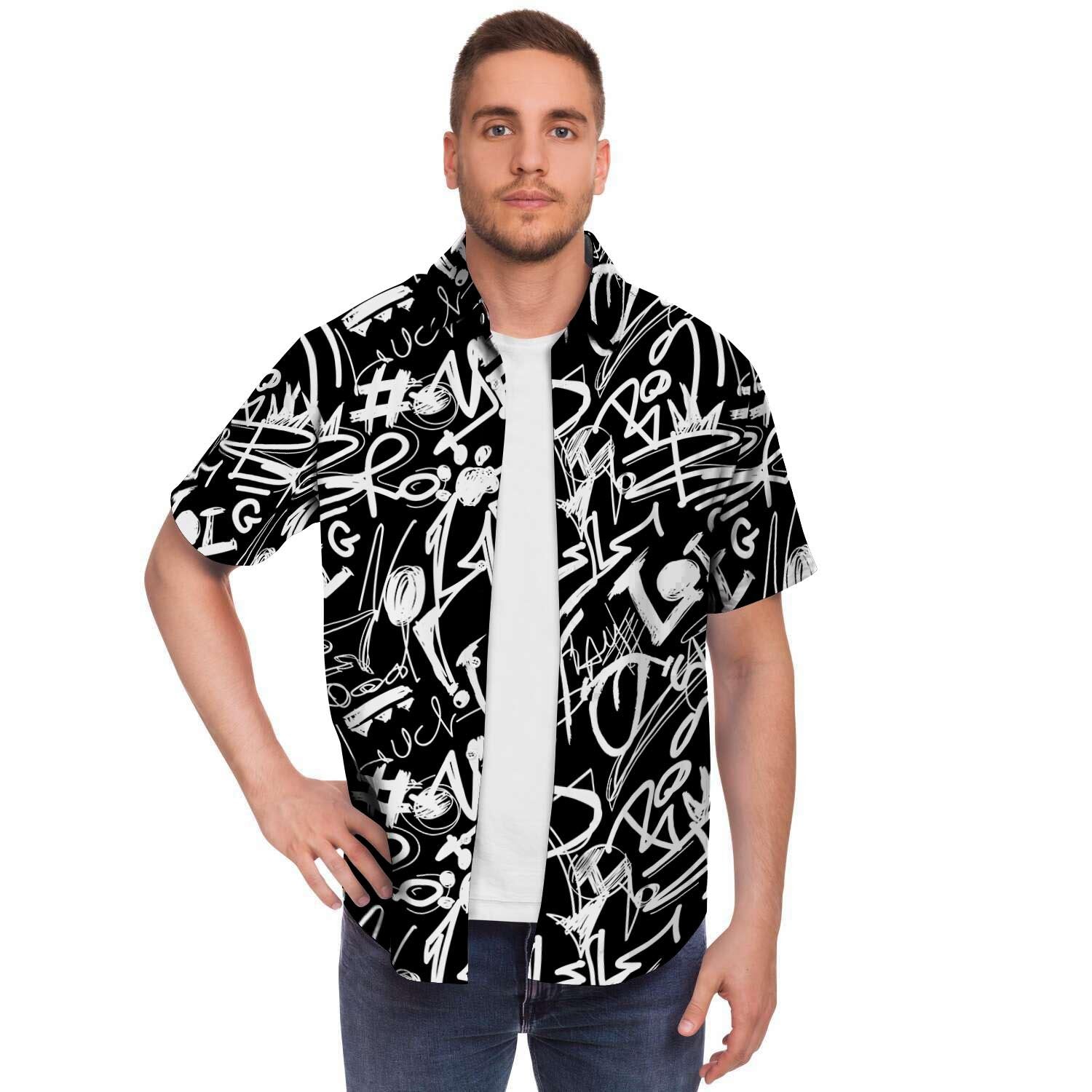 Black And White Graffiti Doodle Text Print Men's Short Sleeve Shirt-grizzshop