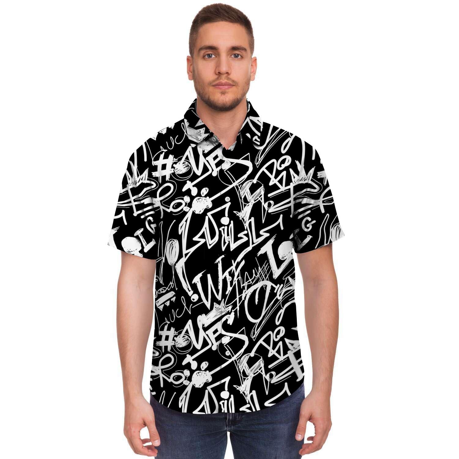 Black And White Graffiti Doodle Text Print Men's Short Sleeve Shirt-grizzshop