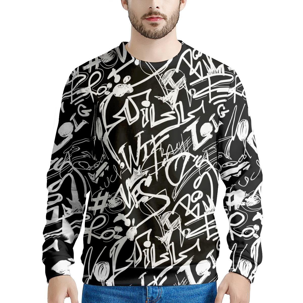 Black And White Graffiti Doodle Text Print Men's Sweatshirt-grizzshop