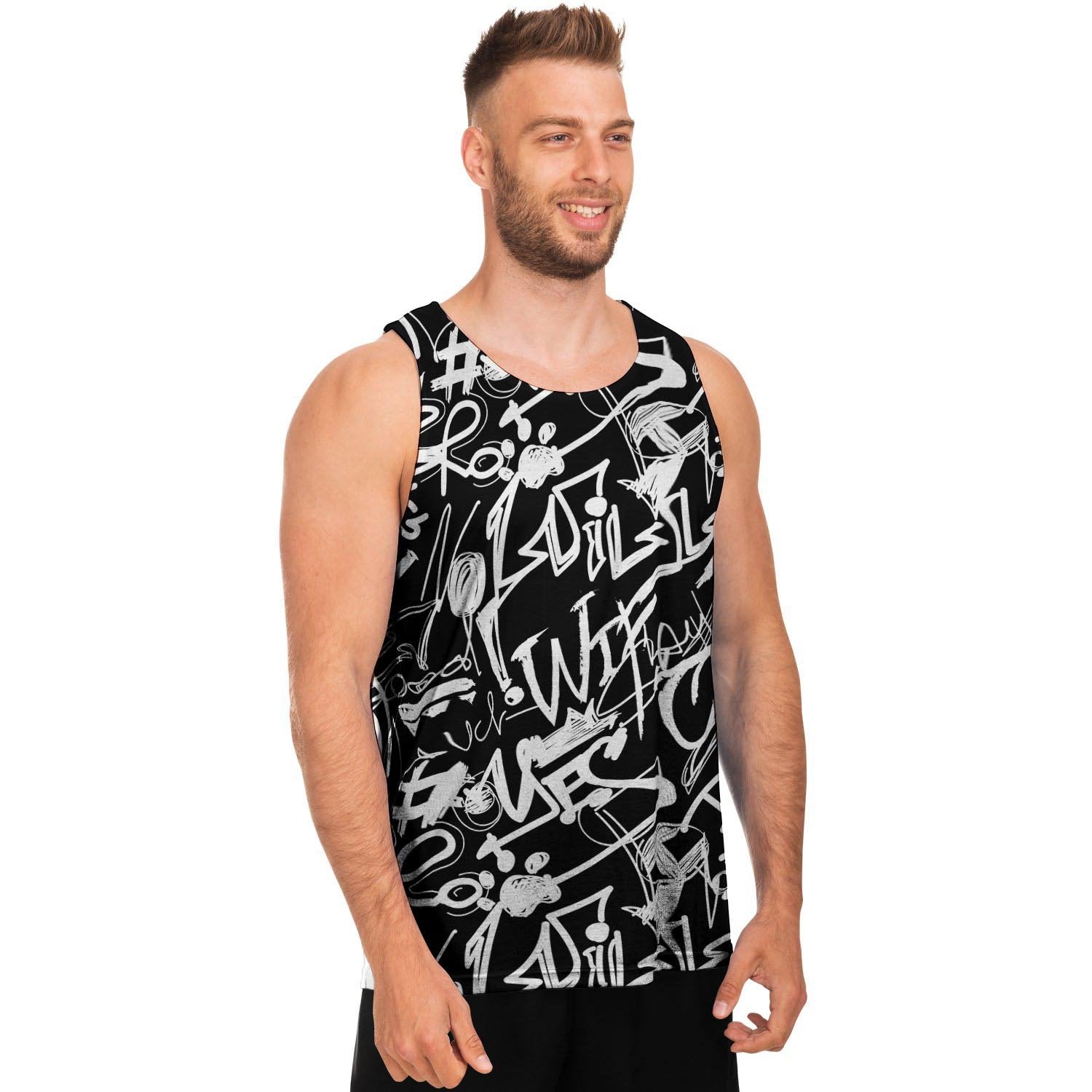 Black And White Graffiti Doodle Text Print Men's Tank Tops-grizzshop