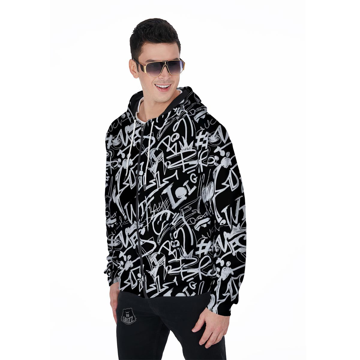 Black And White Graffiti Doodle Text Print Men's Zip Up Hoodie-grizzshop