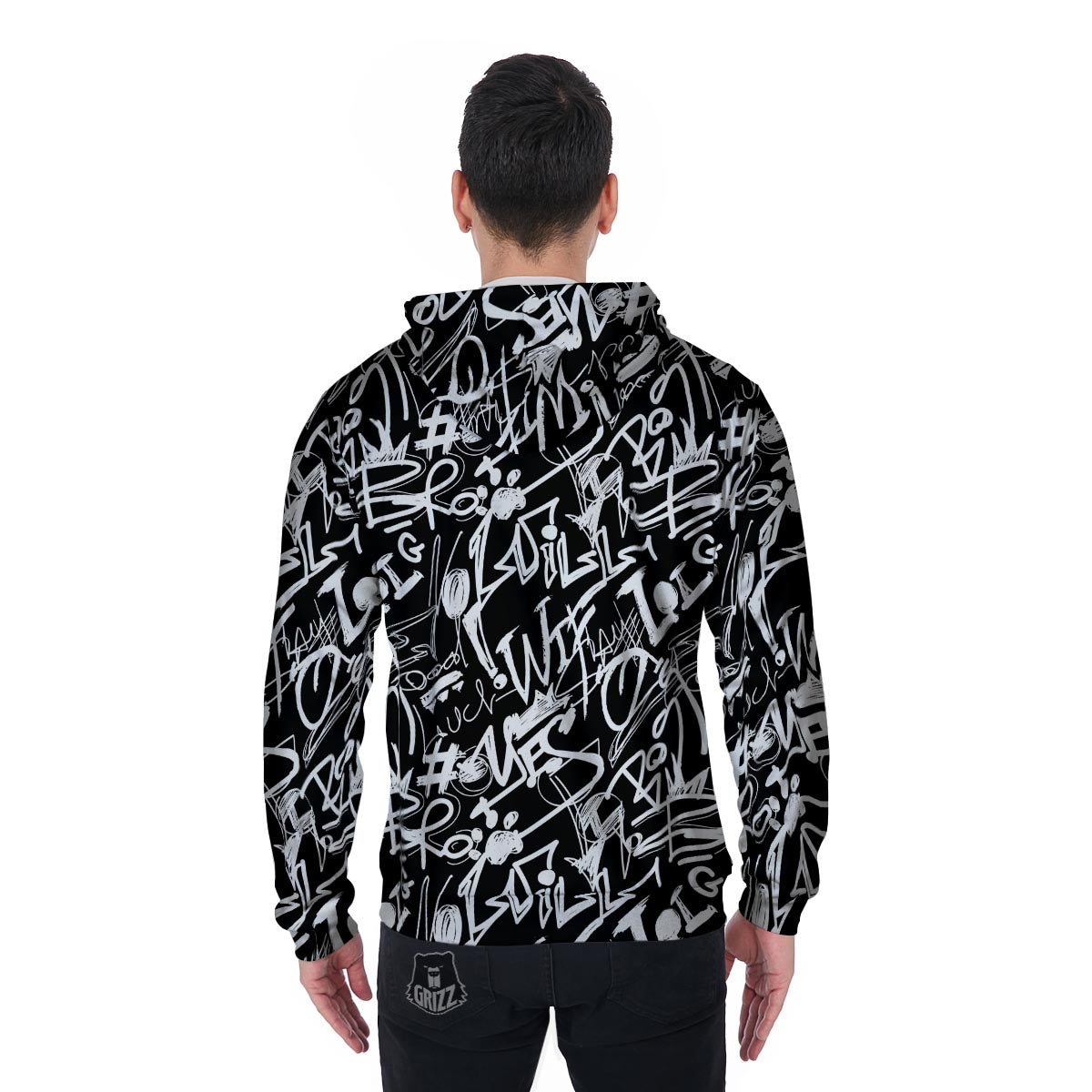 Black And White Graffiti Doodle Text Print Men's Zip Up Hoodie-grizzshop