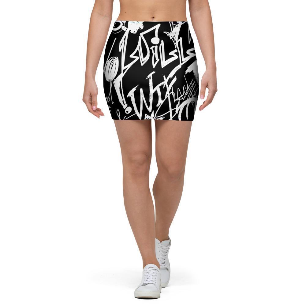 Black And White Graffiti Doodle Text Print Mini Skirt-grizzshop