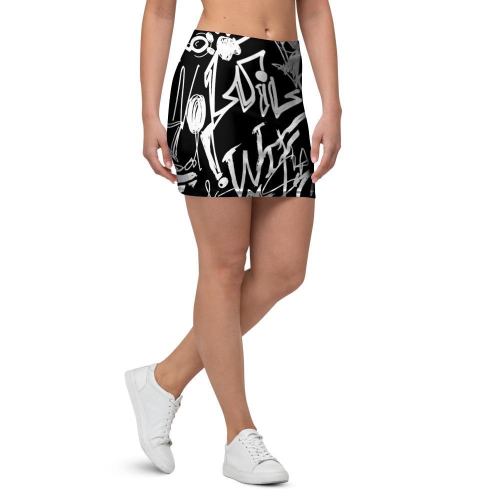 Black And White Graffiti Doodle Text Print Mini Skirt-grizzshop