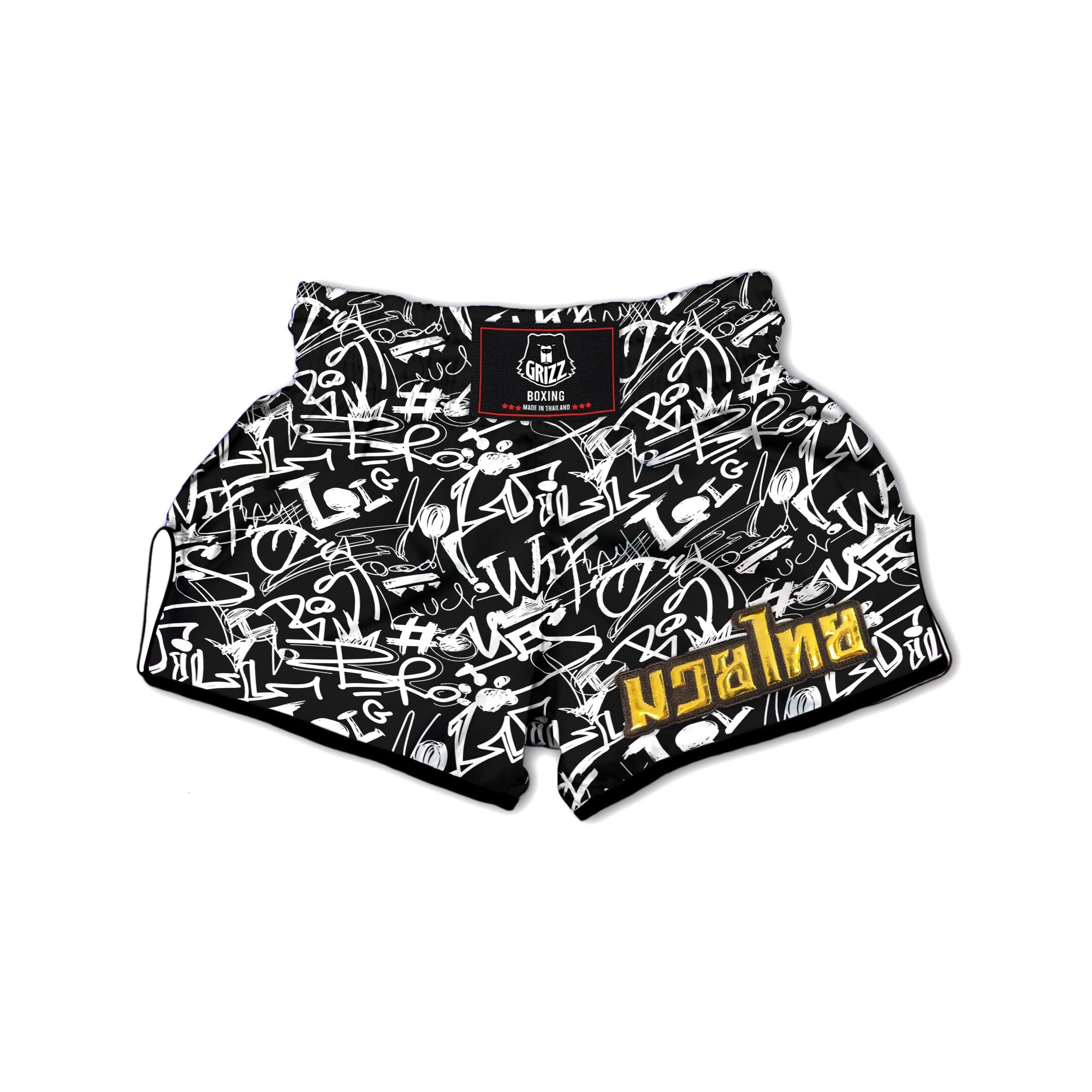 Black And White Graffiti Doodle Text Print Muay Thai Boxing Shorts-grizzshop