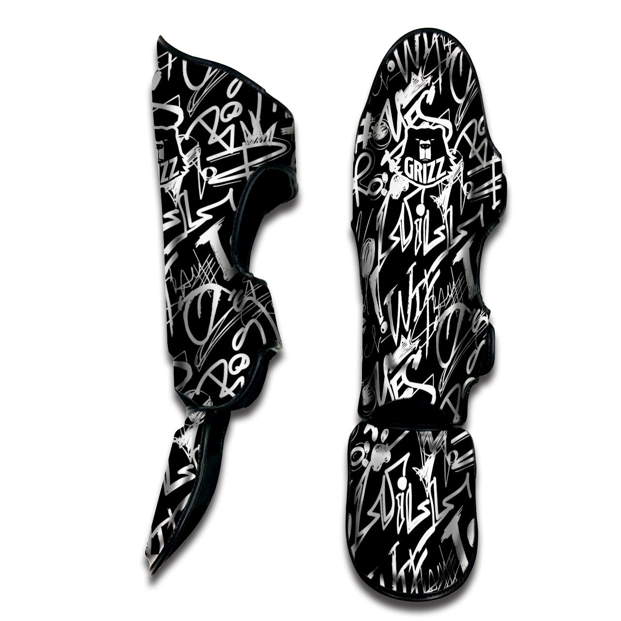 Black And White Graffiti Doodle Text Print Muay Thai Shin Guard-grizzshop