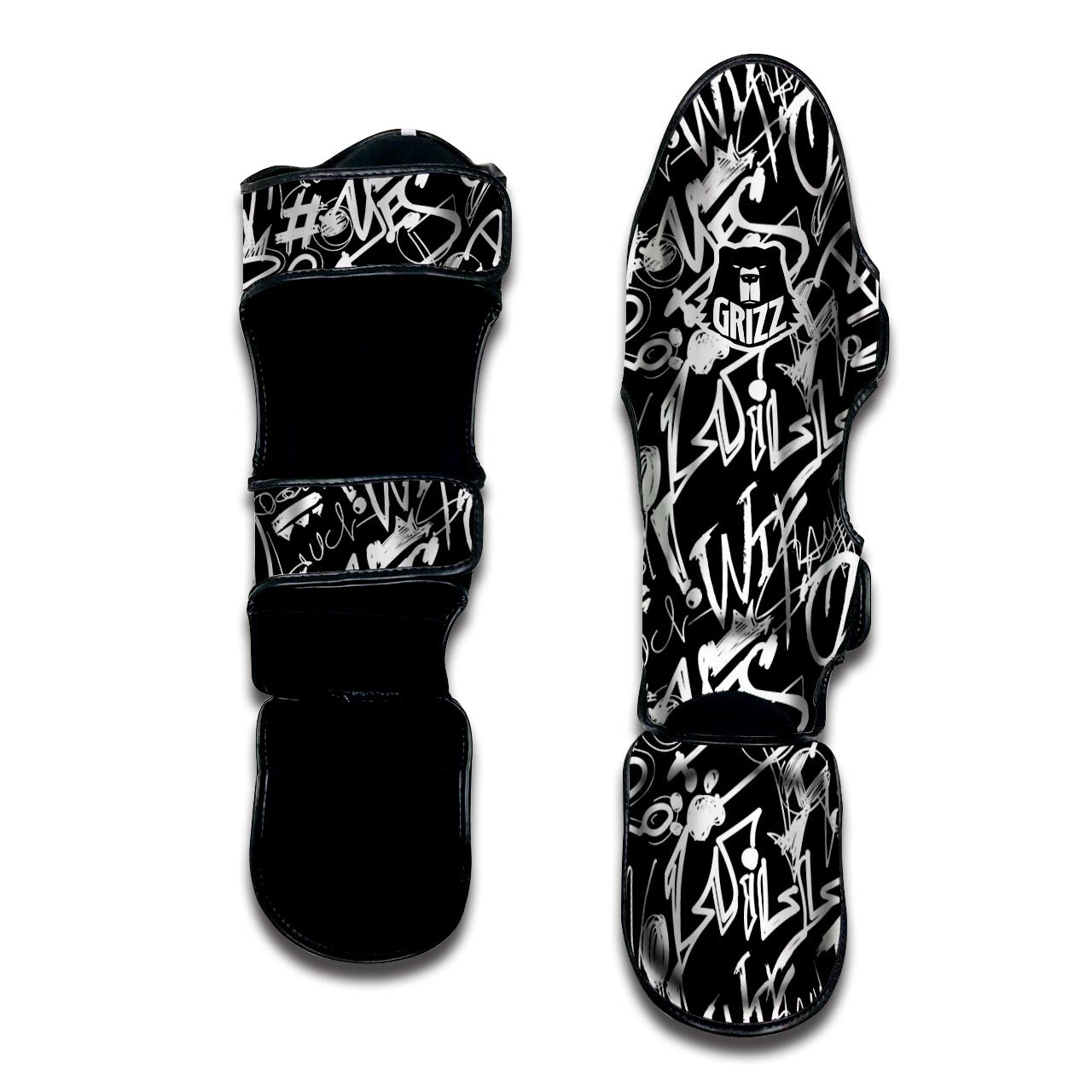 Black And White Graffiti Doodle Text Print Muay Thai Shin Guard-grizzshop