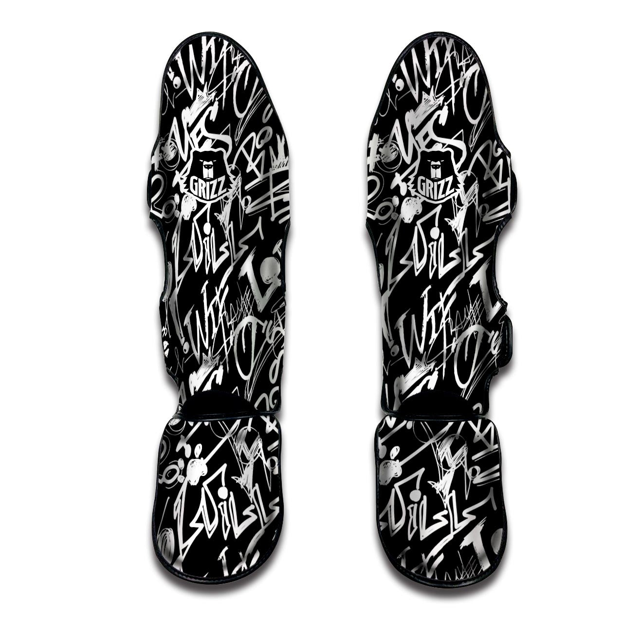 Black And White Graffiti Doodle Text Print Muay Thai Shin Guard-grizzshop