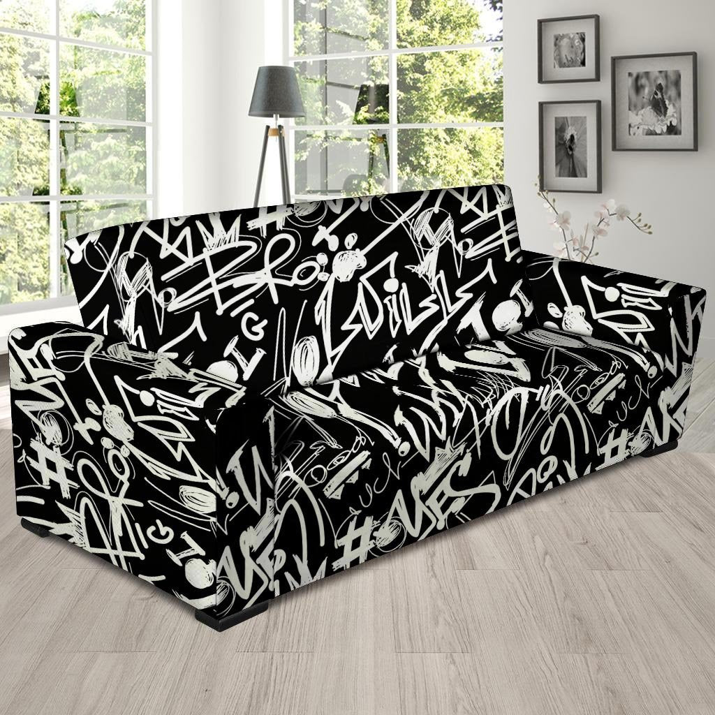 Black And White Graffiti Doodle Text Print Sofa Cover-grizzshop