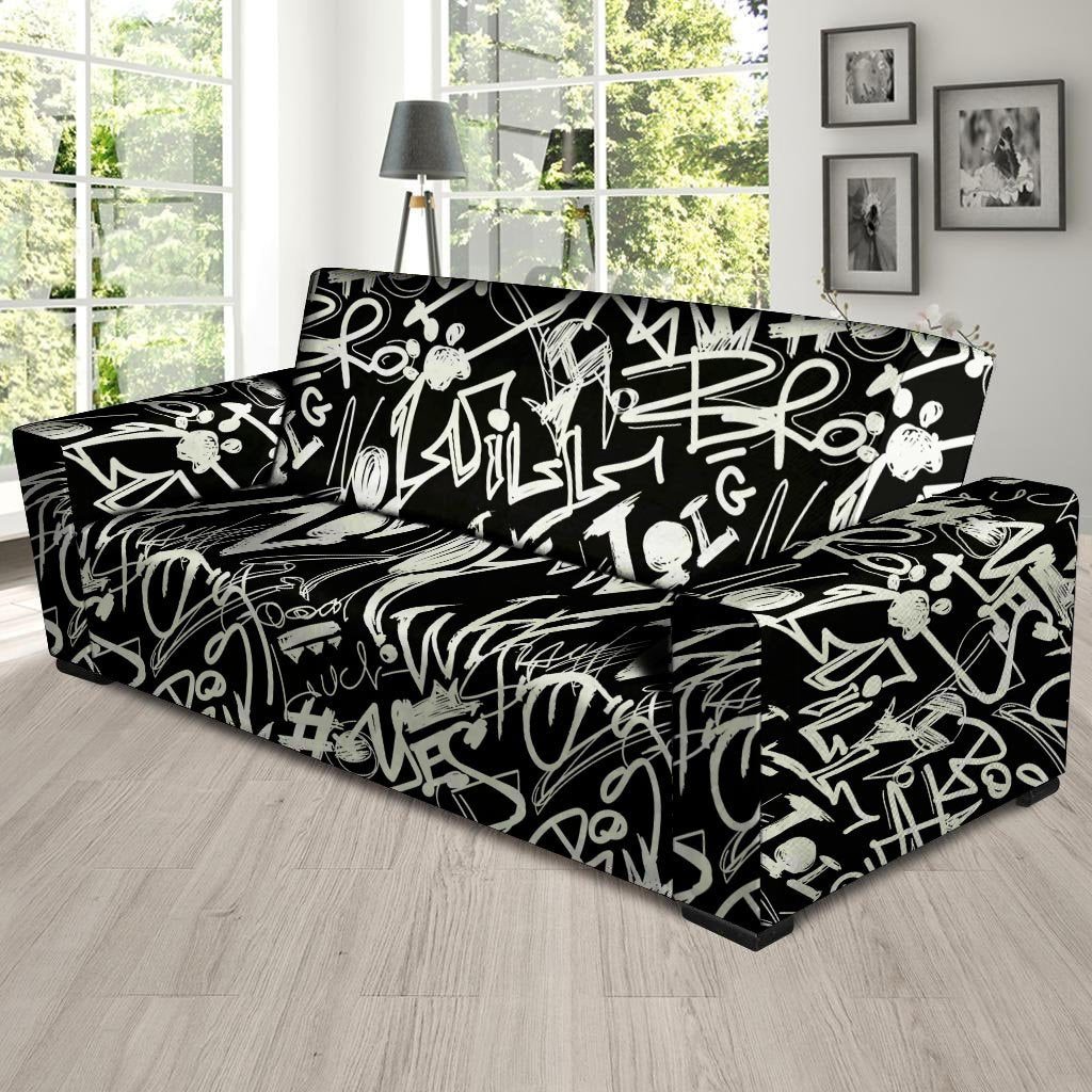 Black And White Graffiti Doodle Text Print Sofa Cover-grizzshop