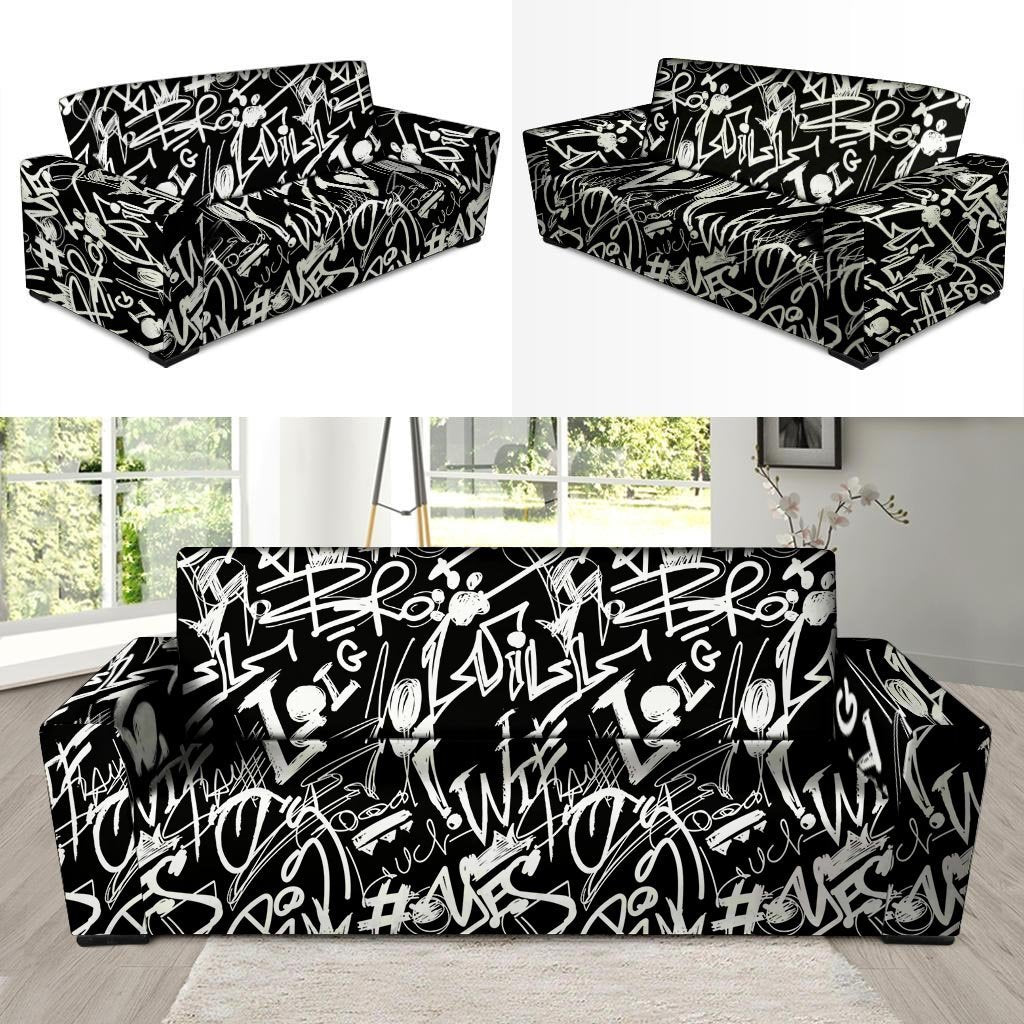 Black And White Graffiti Doodle Text Print Sofa Cover-grizzshop