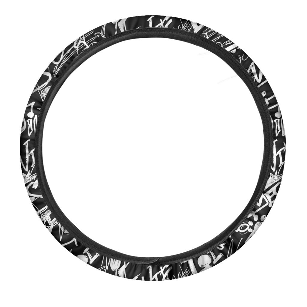 Black And White Graffiti Doodle Text Print Steering Wheel Cover-grizzshop