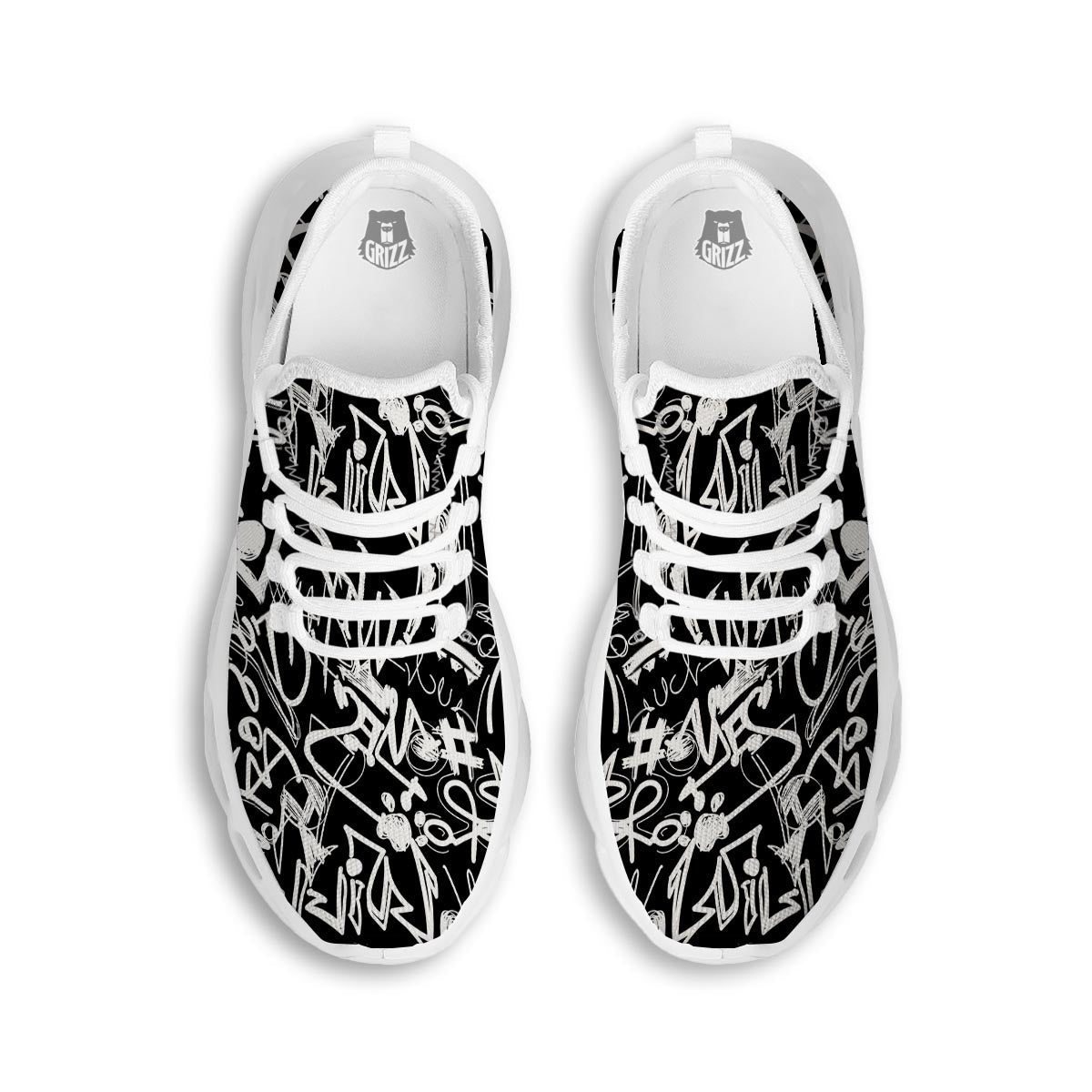 Black And White Graffiti Doodle Text Print White Running Shoes-grizzshop