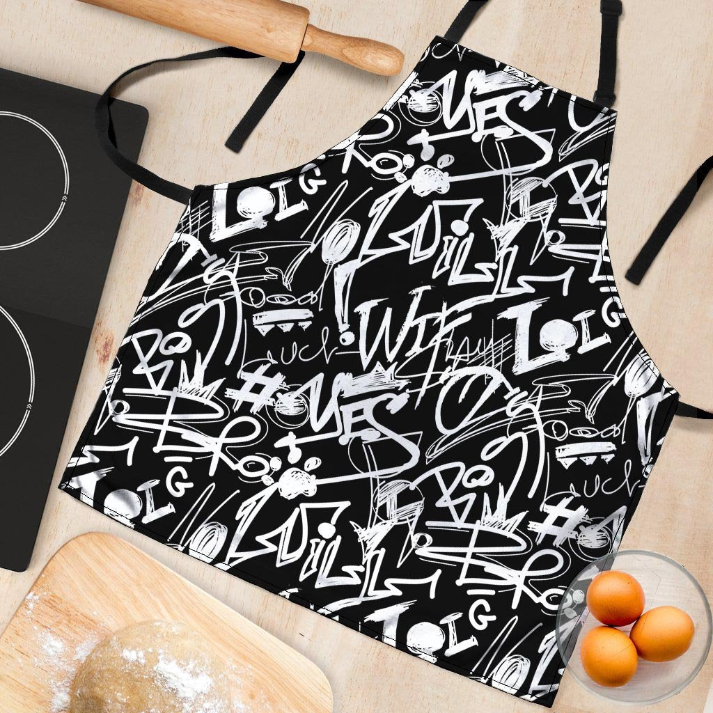 Black And White Graffiti Doodle Text Print Women's Apron-grizzshop