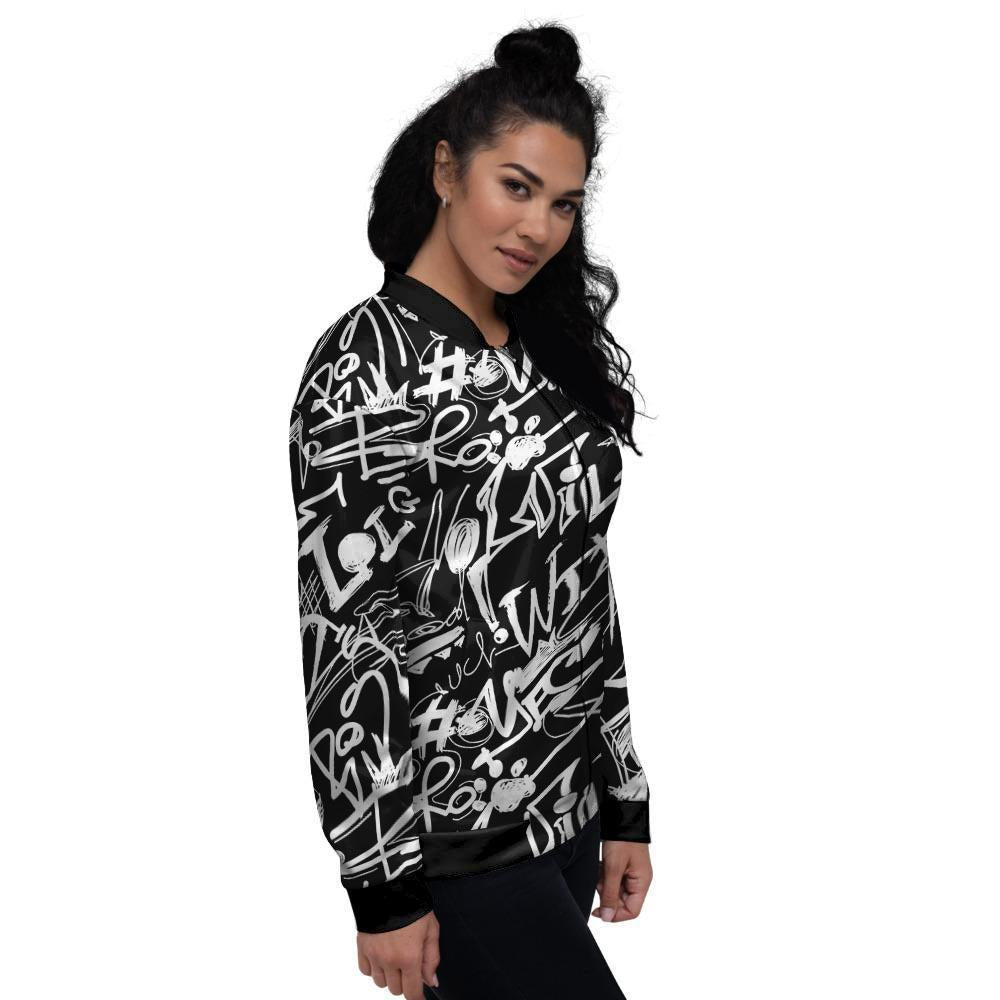 Black And White Graffiti Doodle Text Print Women's Bomber Jacket-grizzshop