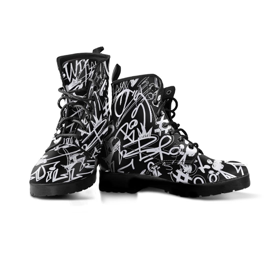 Black And White Graffiti Doodle Text Print Women's Boots-grizzshop