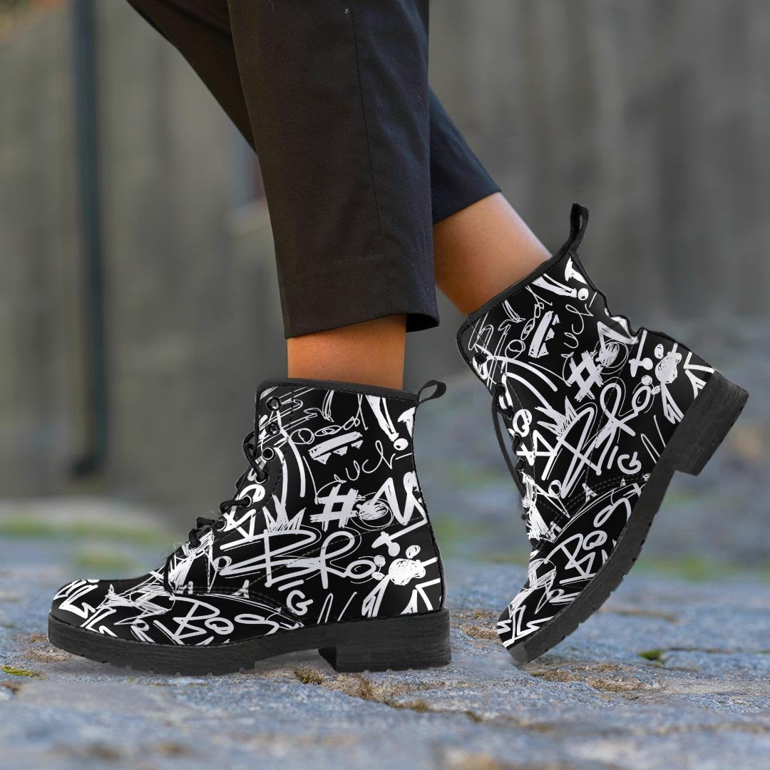 Black And White Graffiti Doodle Text Print Women's Boots-grizzshop