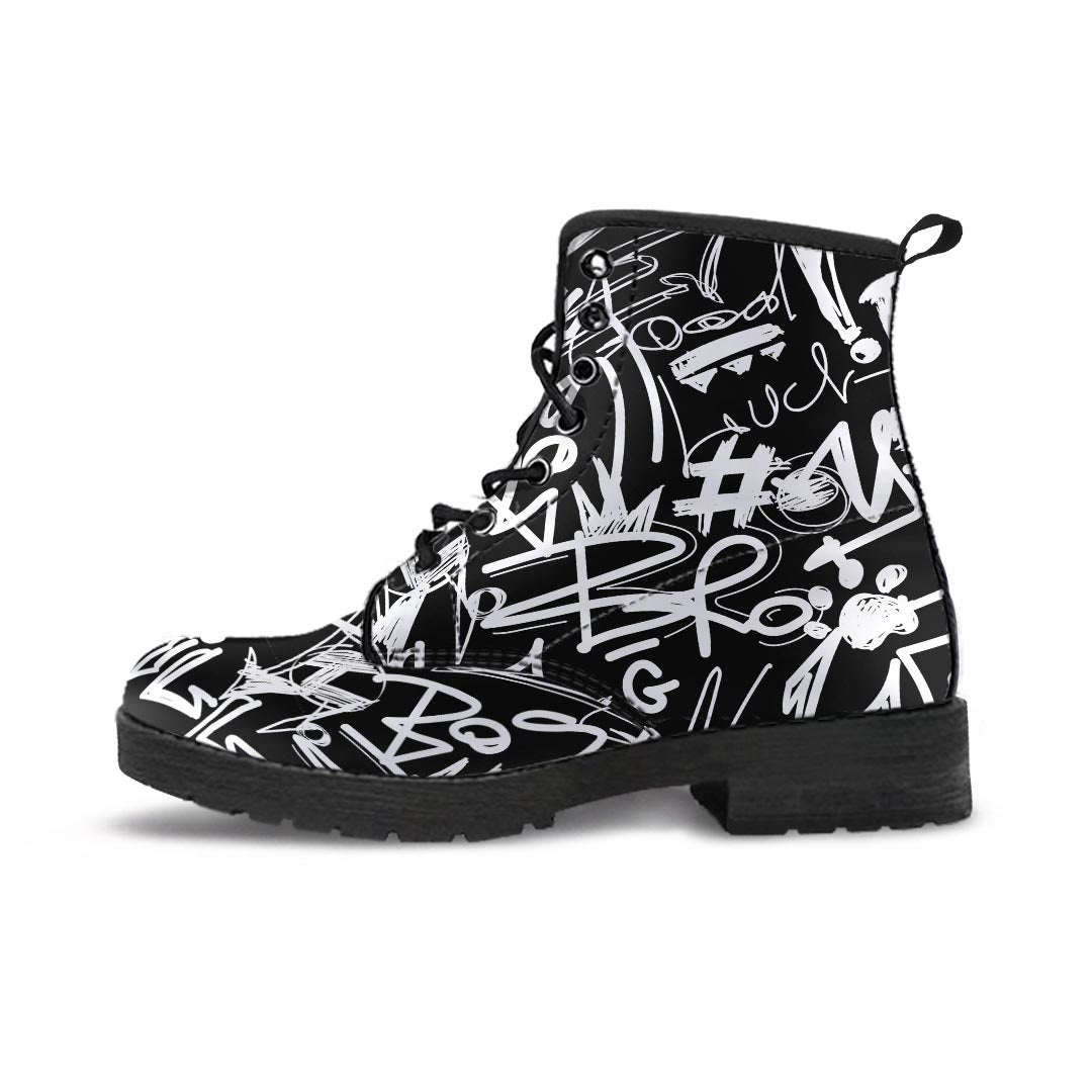 Black And White Graffiti Doodle Text Print Women's Boots-grizzshop