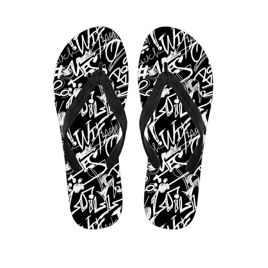 Black And White Graffiti Doodle Text Print Women's Flip Flops-grizzshop