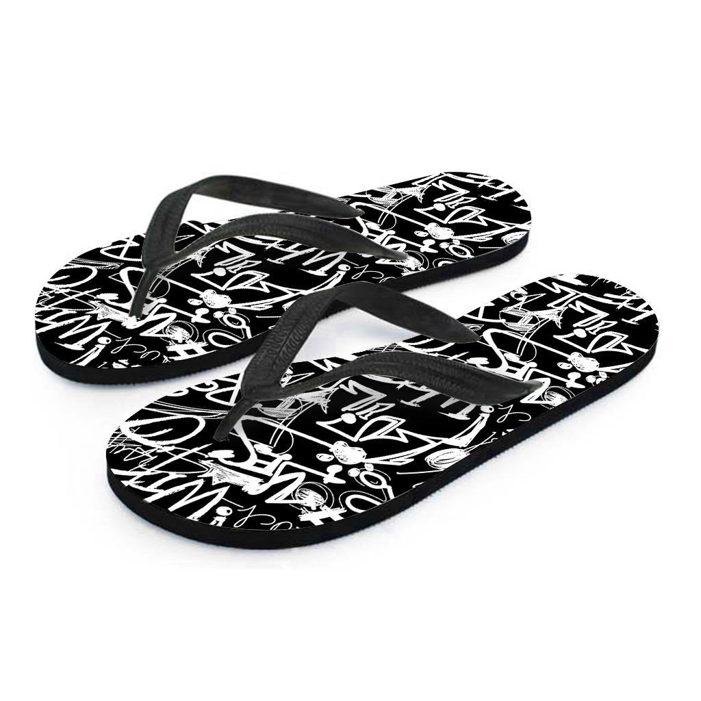 Black And White Graffiti Doodle Text Print Women's Flip Flops-grizzshop