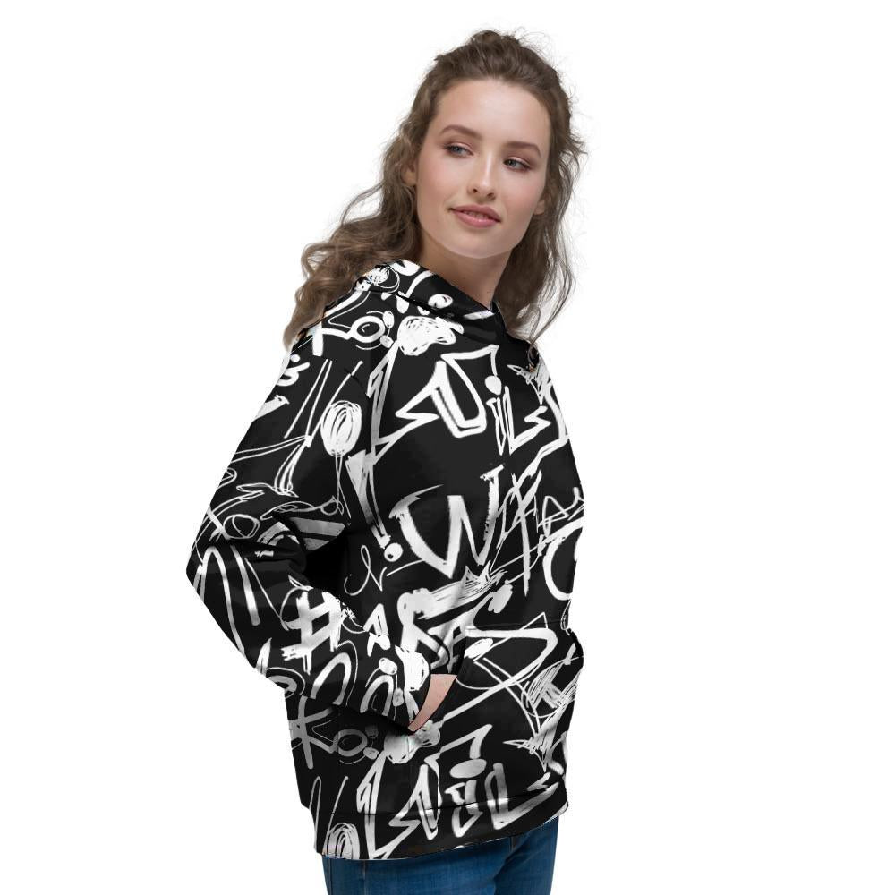 Black And White Graffiti Doodle Text Print Women's Hoodie-grizzshop