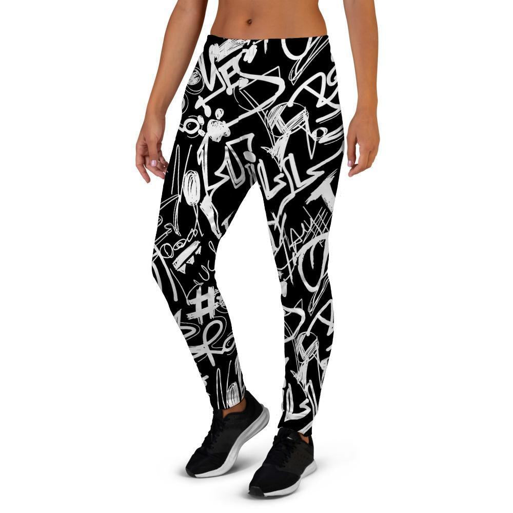 Black And White Graffiti Doodle Text Print Women's Joggers-grizzshop