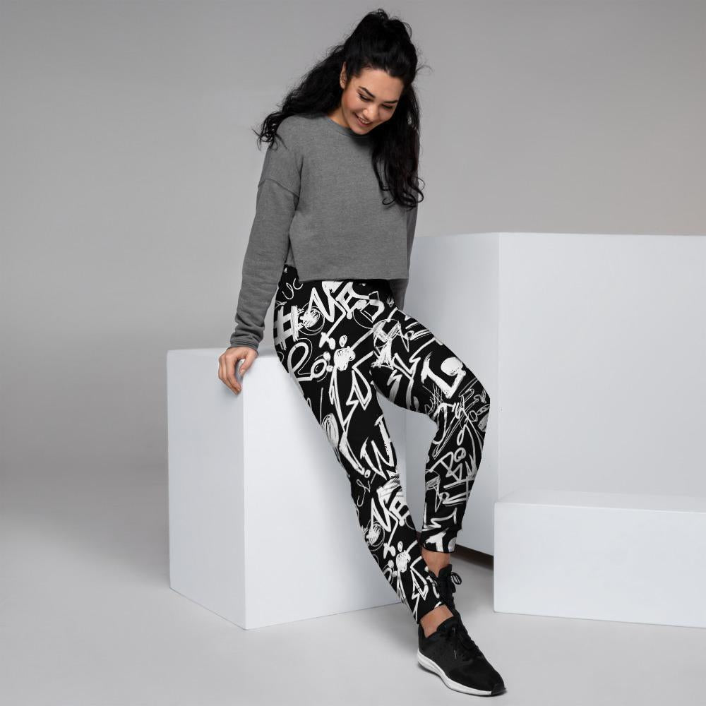 Black And White Graffiti Doodle Text Print Women's Joggers-grizzshop