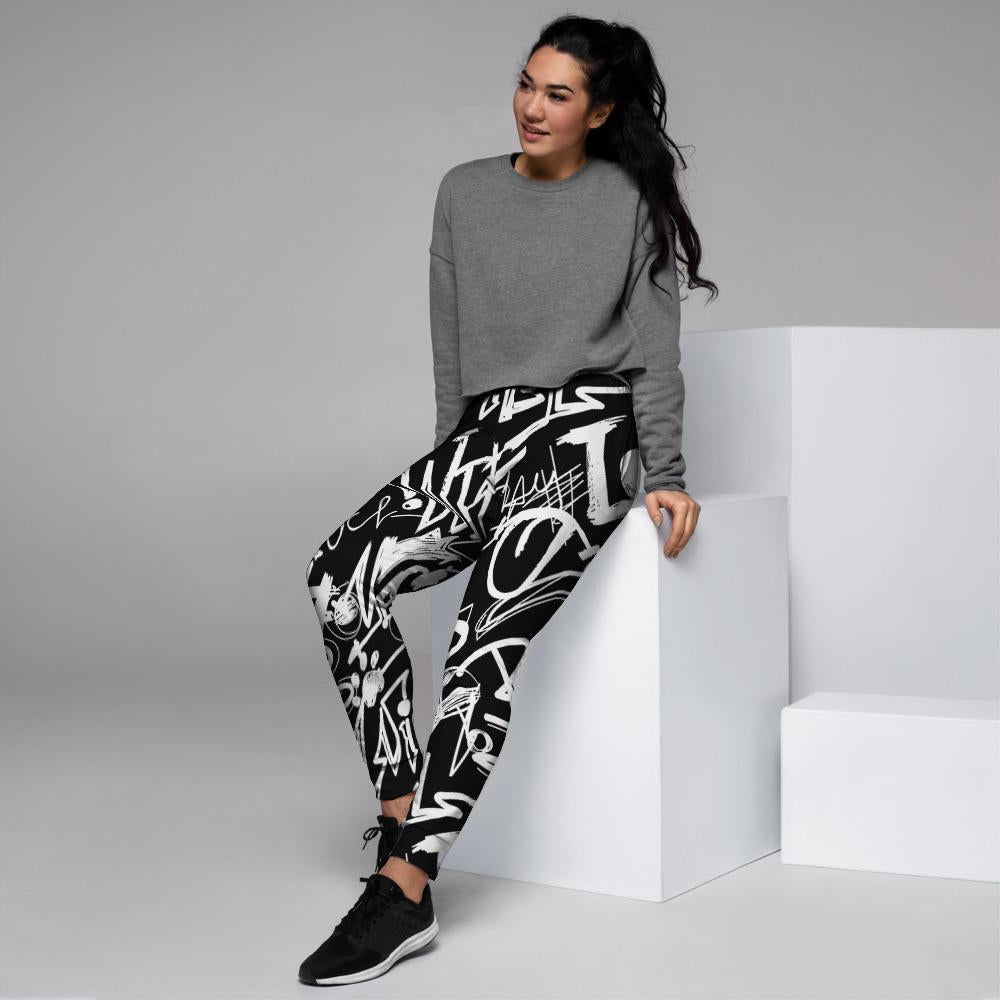 Black And White Graffiti Doodle Text Print Women's Joggers-grizzshop