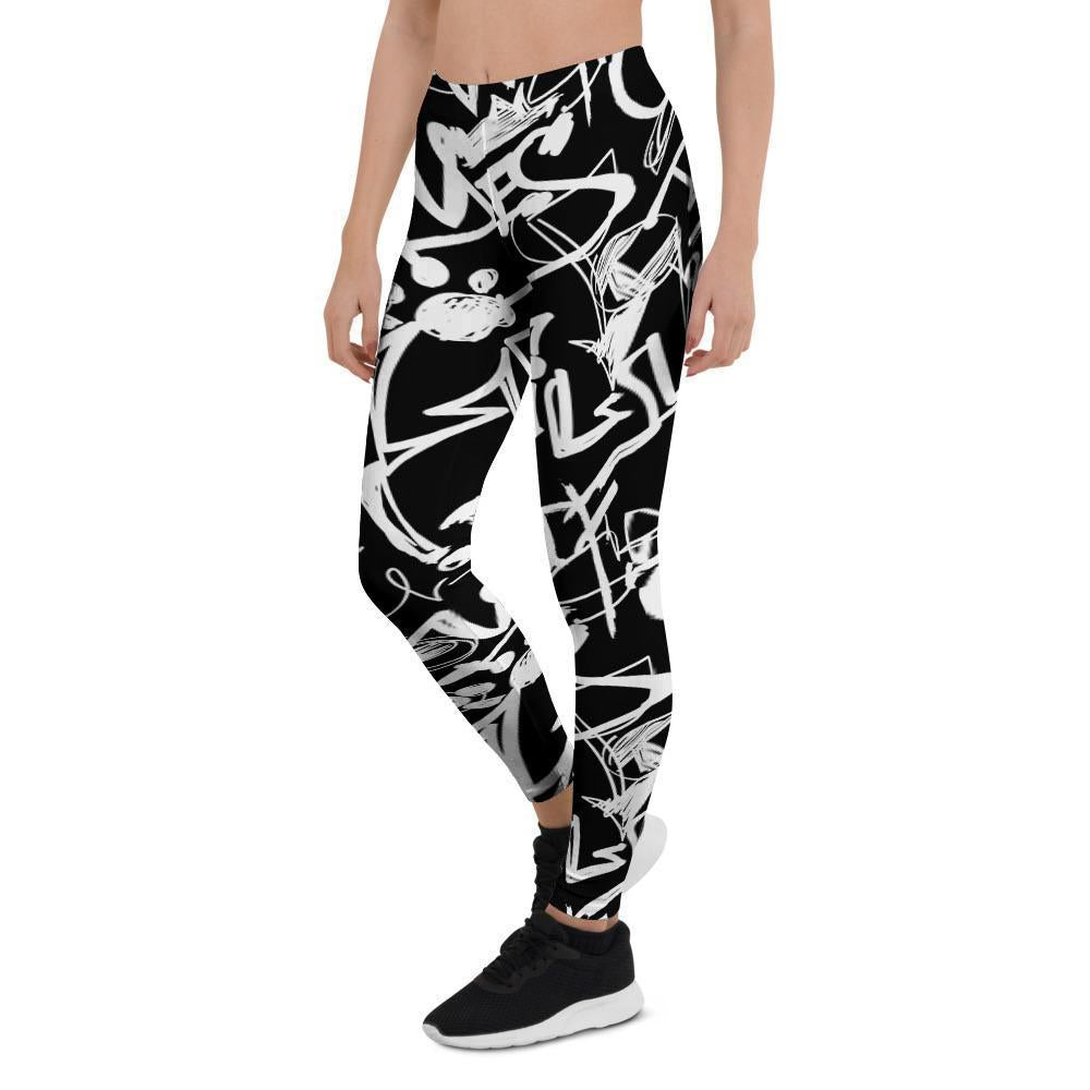 Black And White Graffiti Doodle Text Print Women's Leggings-grizzshop