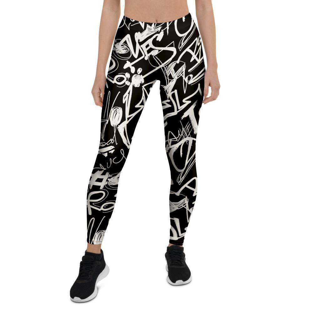Black And White Graffiti Doodle Text Print Women's Leggings-grizzshop