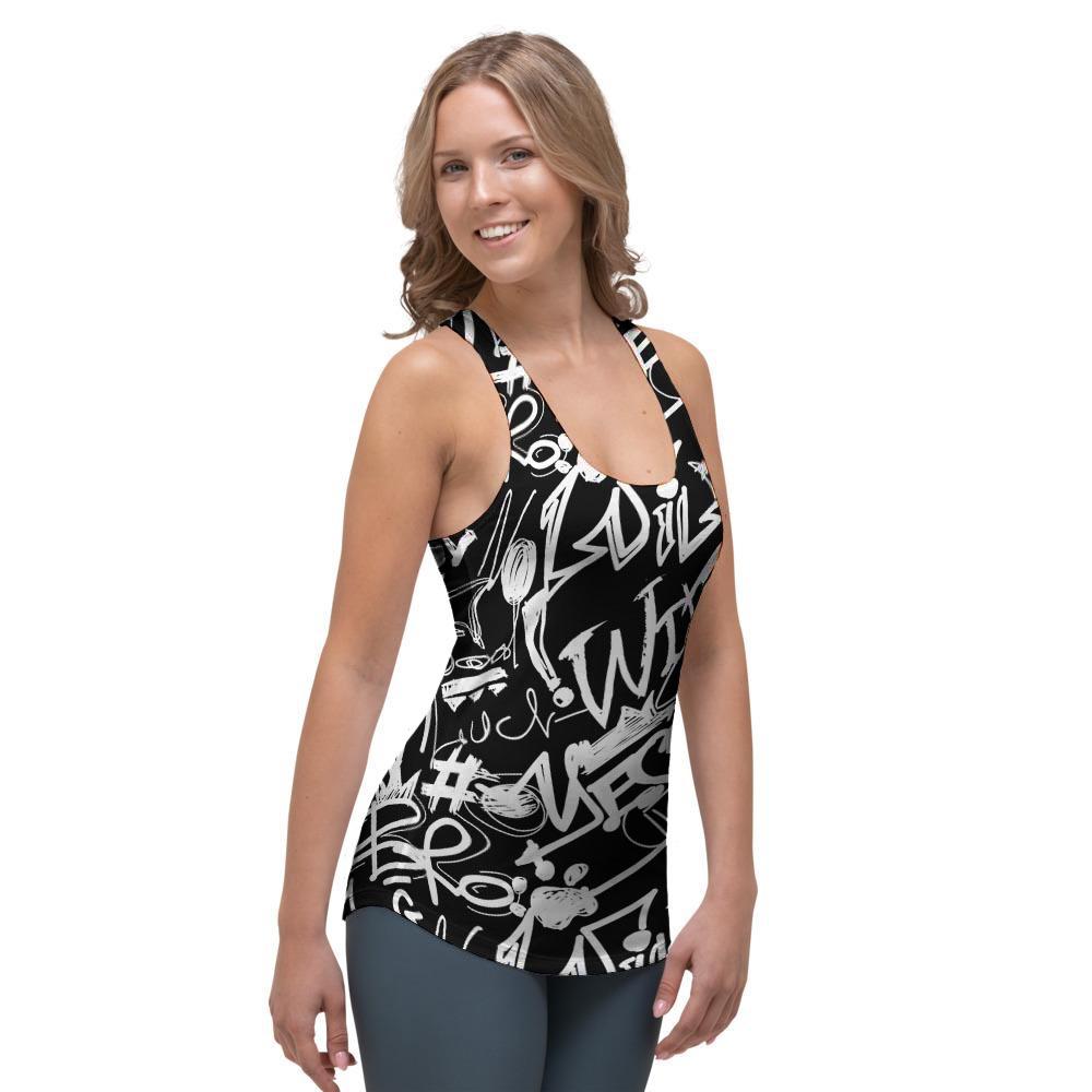 Black And White Graffiti Doodle Text Print Women's Racerback Tank Top-grizzshop