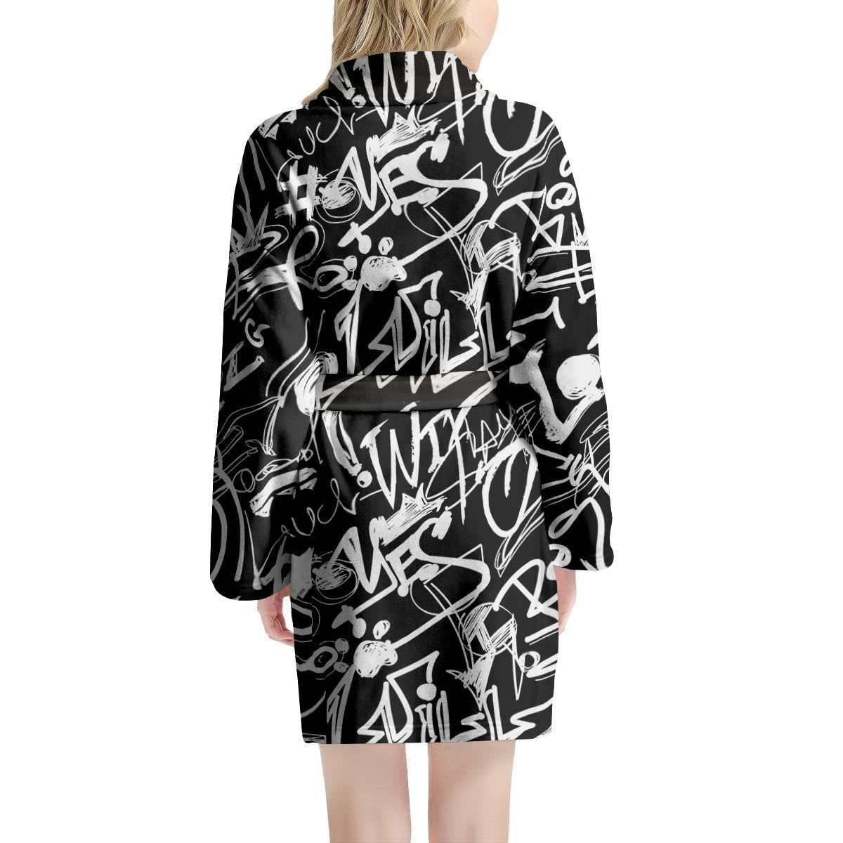 Black And White Graffiti Doodle Text Print Women's Robe-grizzshop