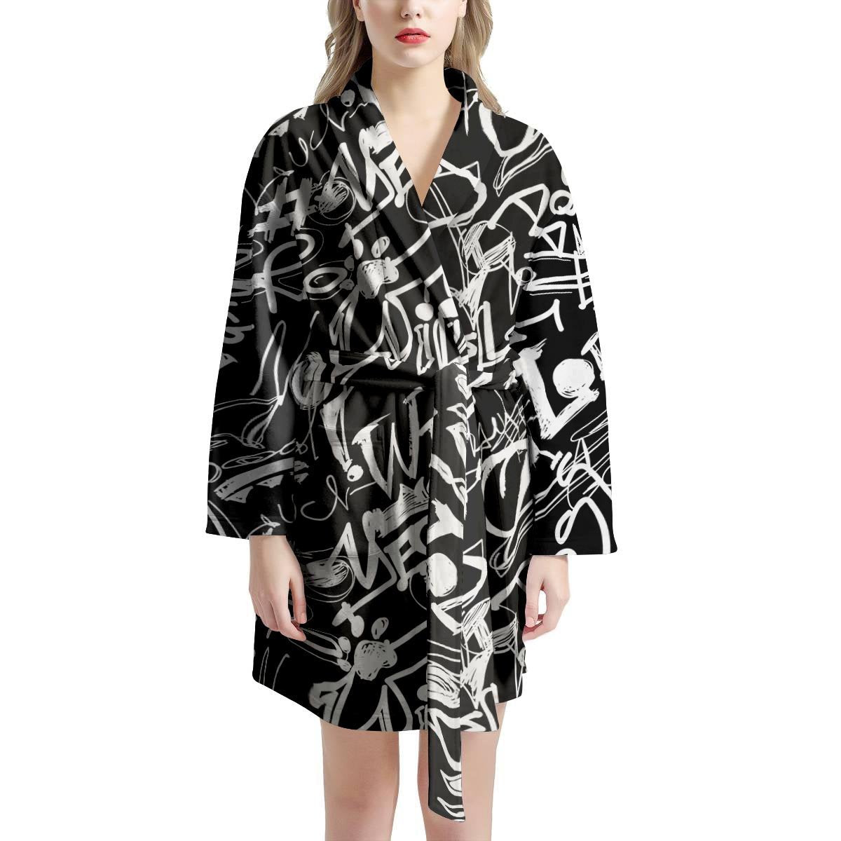 Black And White Graffiti Doodle Text Print Women's Robe-grizzshop