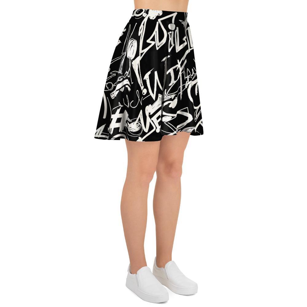 Black And White Graffiti Doodle Text Print Women's Skirt-grizzshop