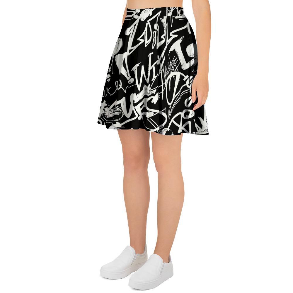 Black And White Graffiti Doodle Text Print Women's Skirt-grizzshop