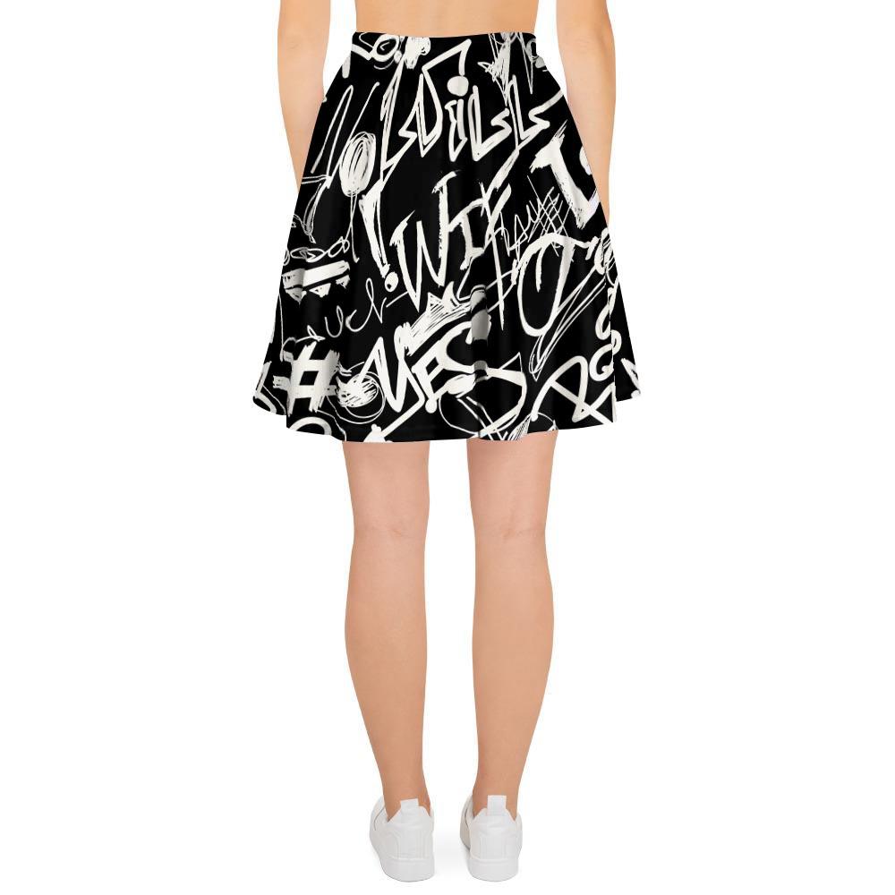 Black And White Graffiti Doodle Text Print Women's Skirt-grizzshop