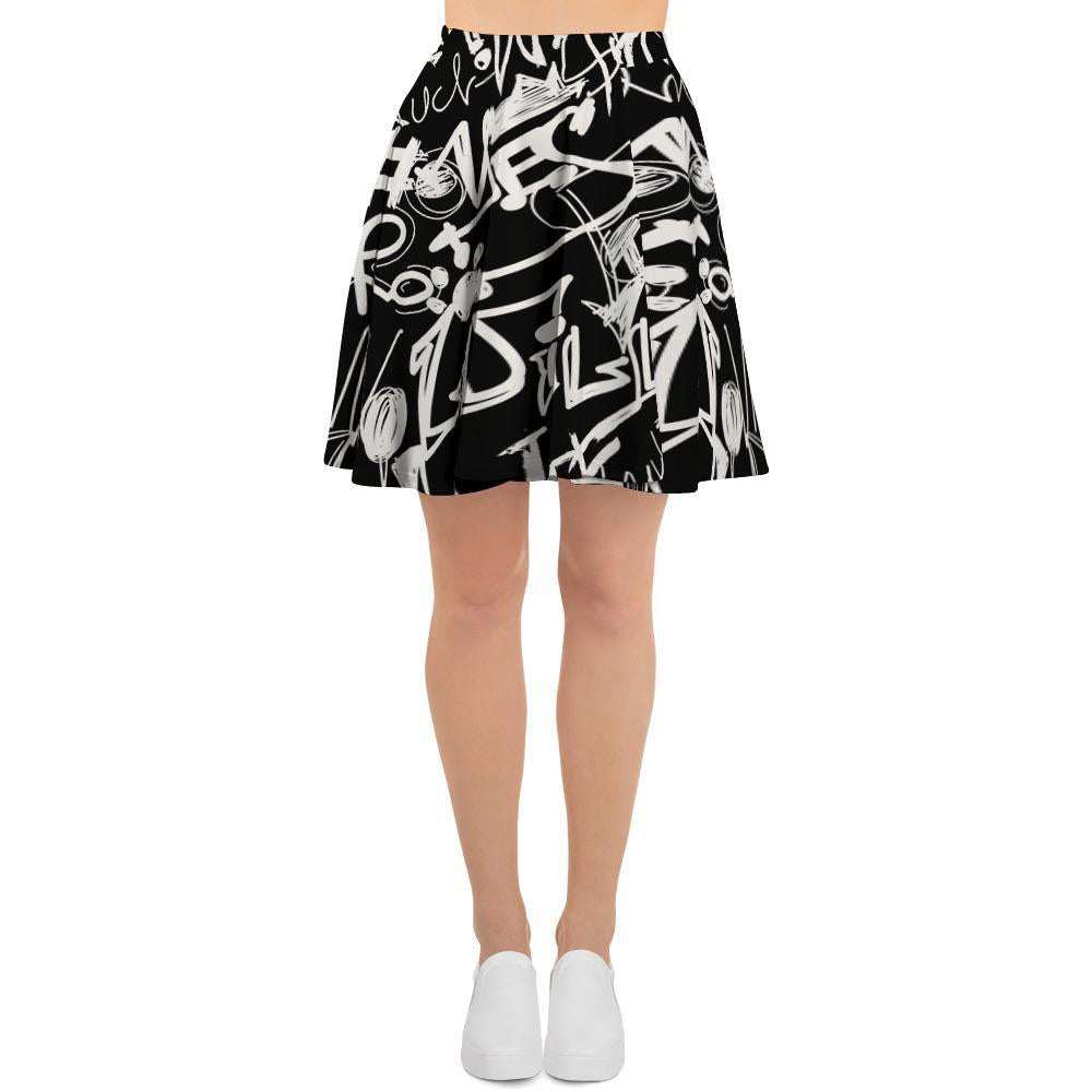 Black And White Graffiti Doodle Text Print Women's Skirt-grizzshop