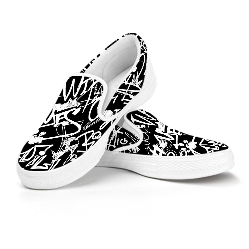 Black And White Graffiti Doodle Text Print Women's Slip On Sneakers-grizzshop