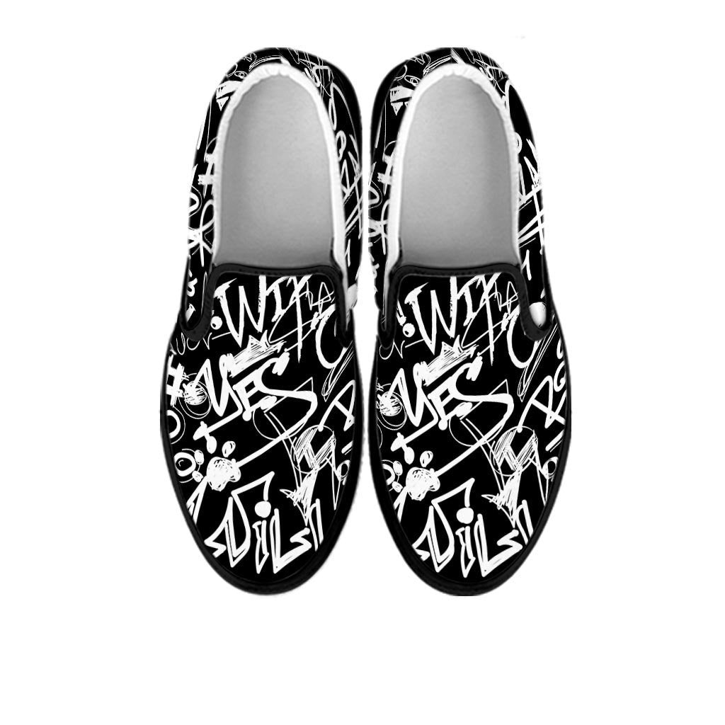 Black And White Graffiti Doodle Text Print Women's Slip On Sneakers-grizzshop