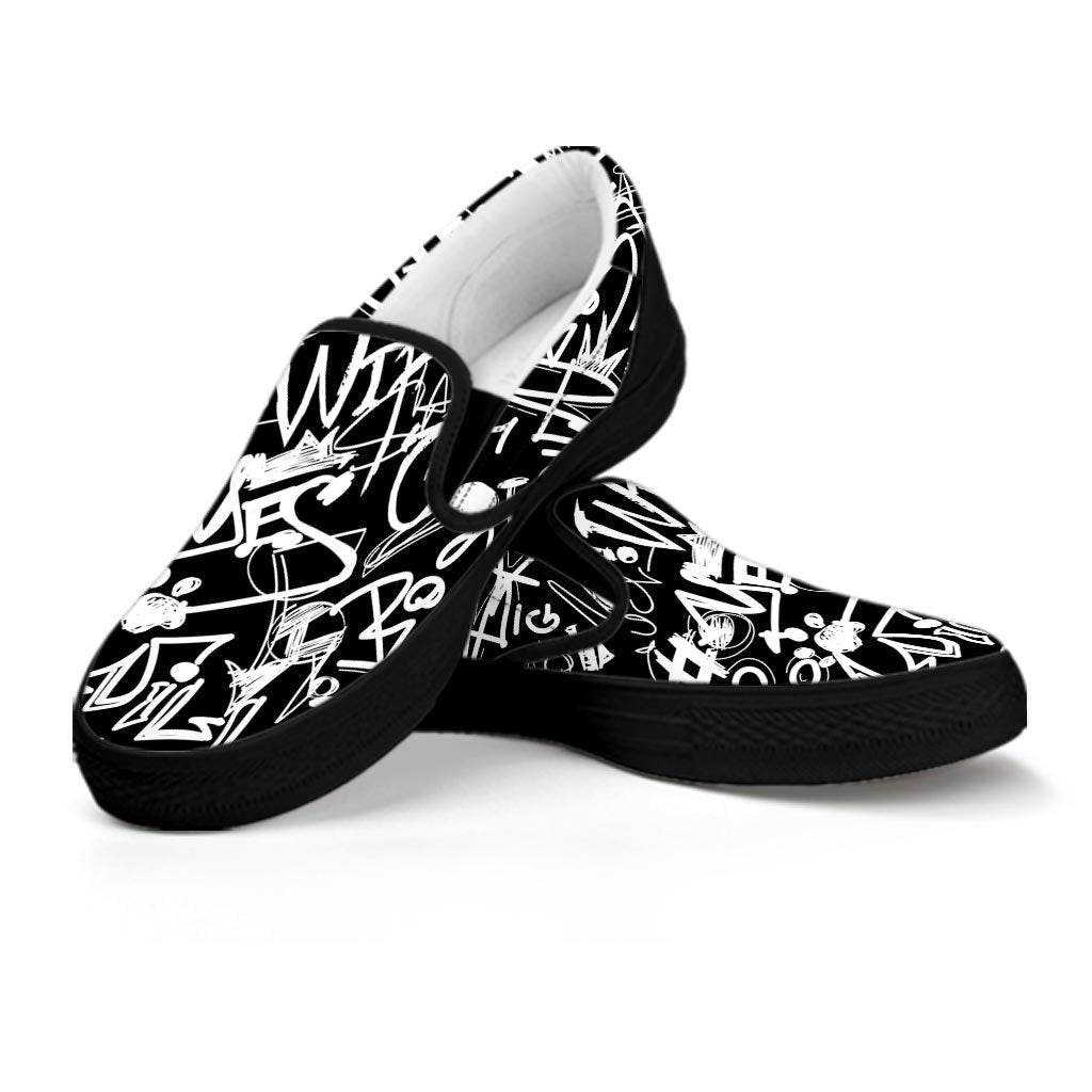 Black And White Graffiti Doodle Text Print Women's Slip On Sneakers-grizzshop