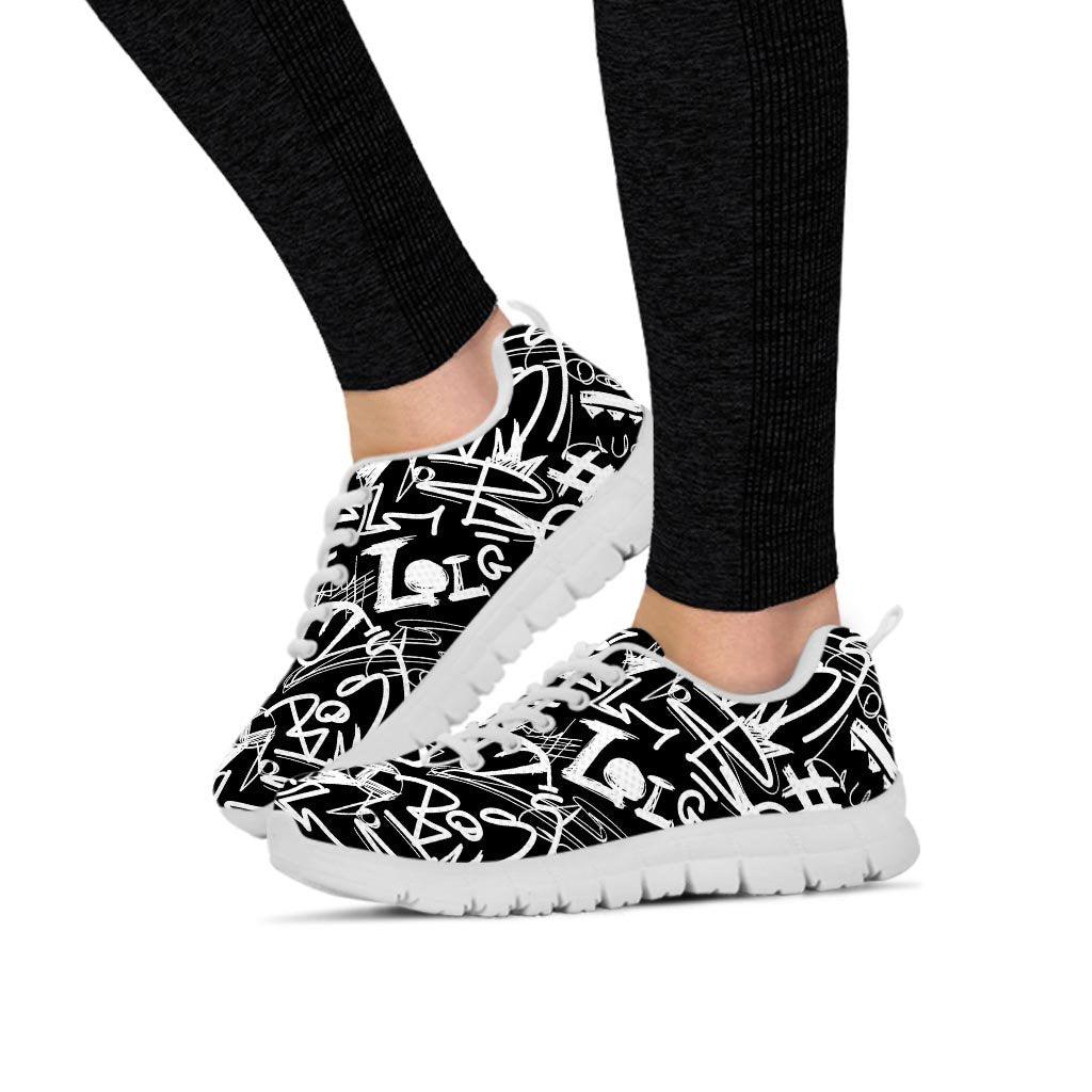 Black And White Graffiti Doodle Text Print Women's Sneakers-grizzshop