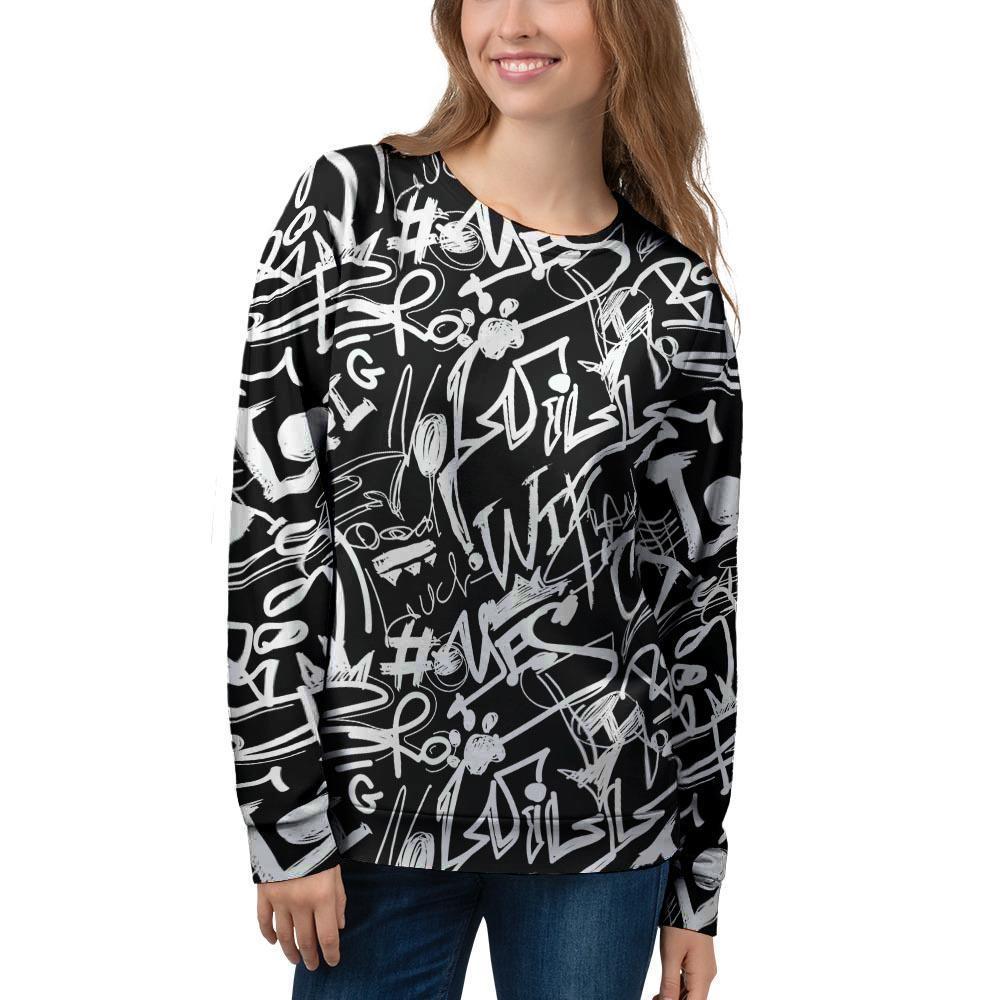 Black And White Graffiti Doodle Text Print Women's Sweatshirt-grizzshop