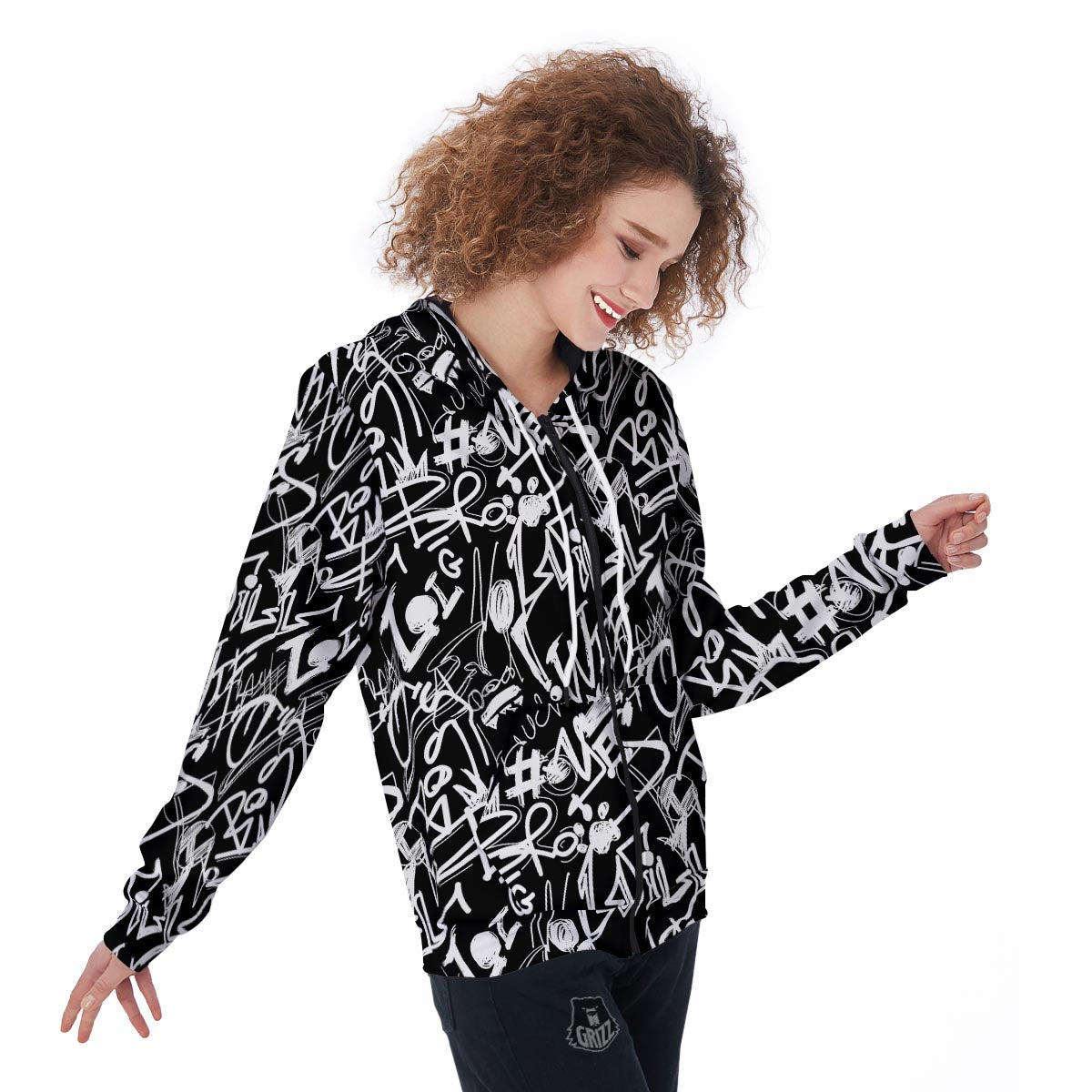 Black And White Graffiti Doodle Text Print Women's Zip Up Hoodie-grizzshop