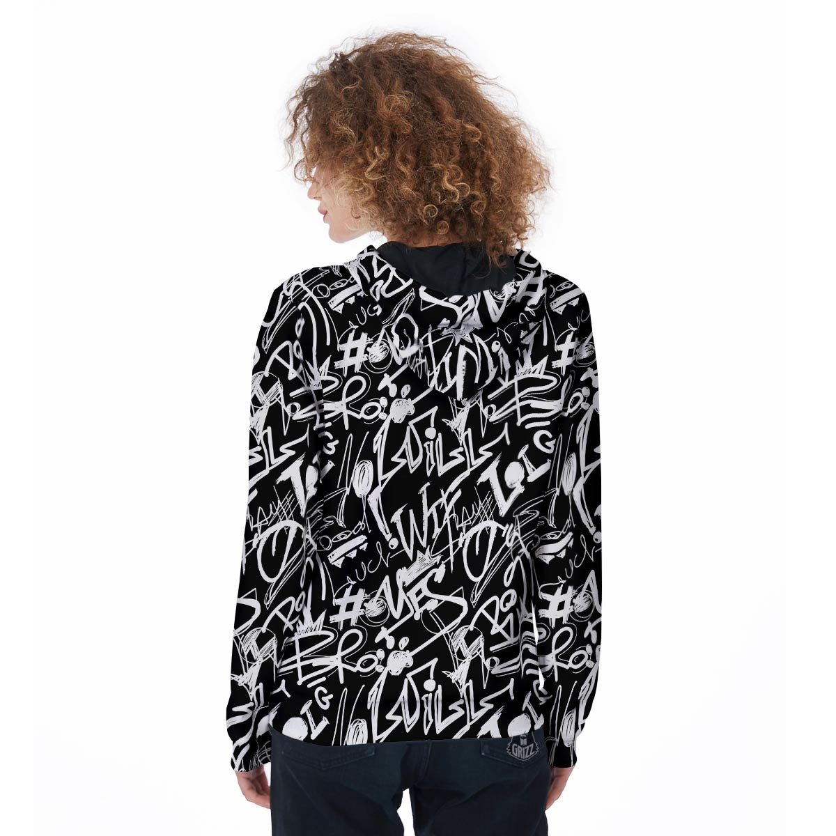 Black And White Graffiti Doodle Text Print Women's Zip Up Hoodie-grizzshop