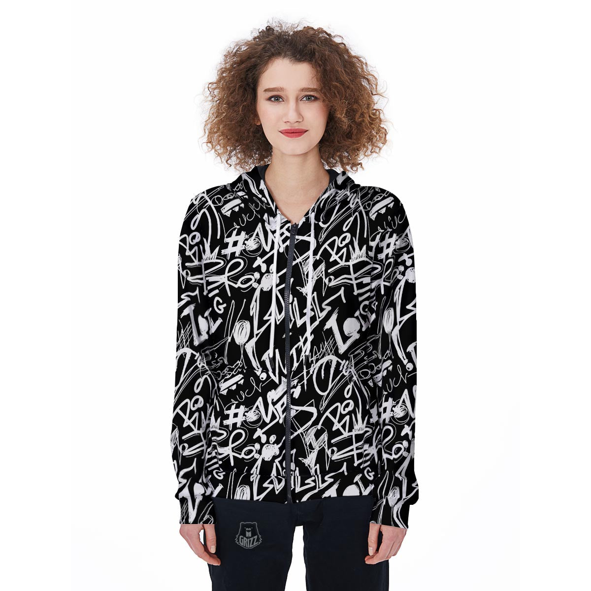 Black And White Graffiti Doodle Text Print Women's Zip Up Hoodie-grizzshop