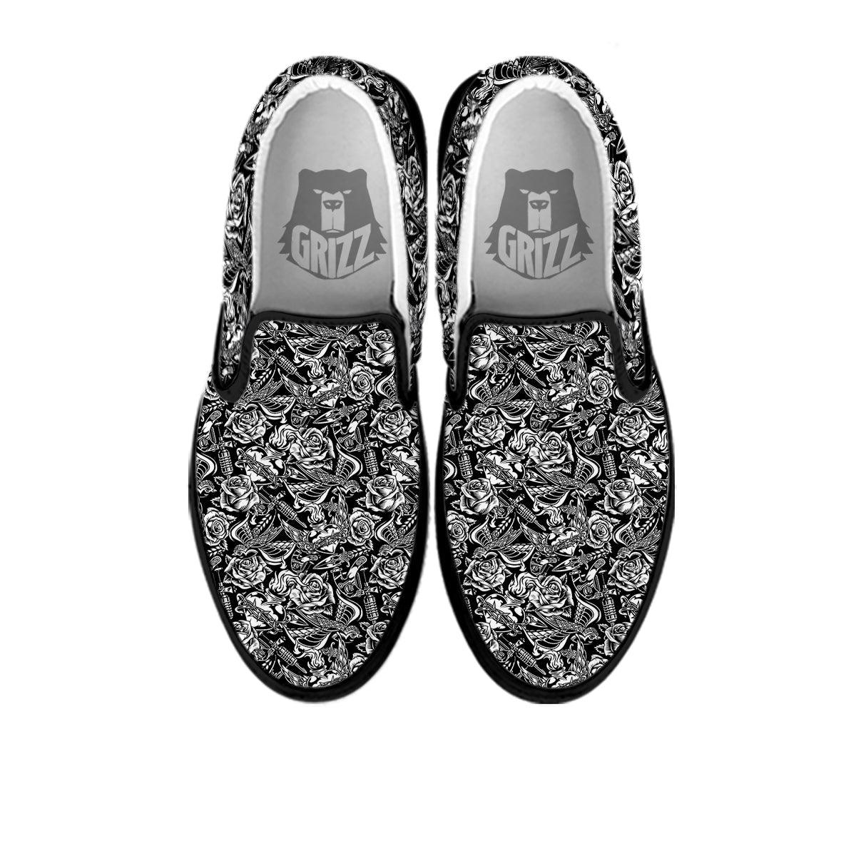 Black And White Oldschool Tattoo Print Pattern Black Slip On Shoes-grizzshop