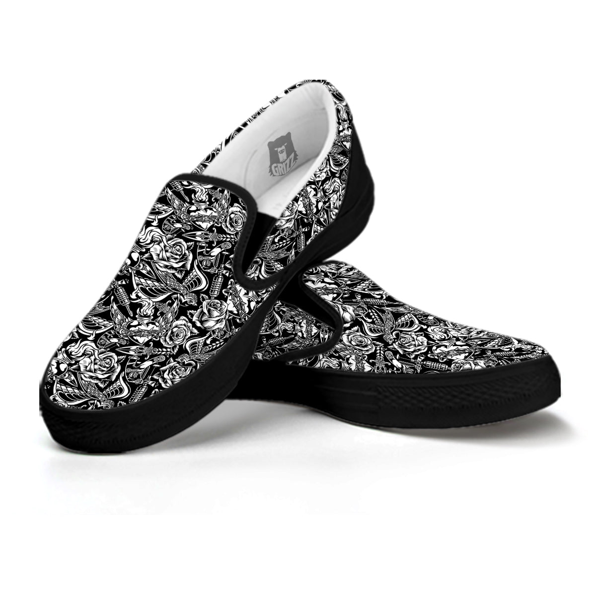 Black And White Oldschool Tattoo Print Pattern Black Slip On Shoes-grizzshop