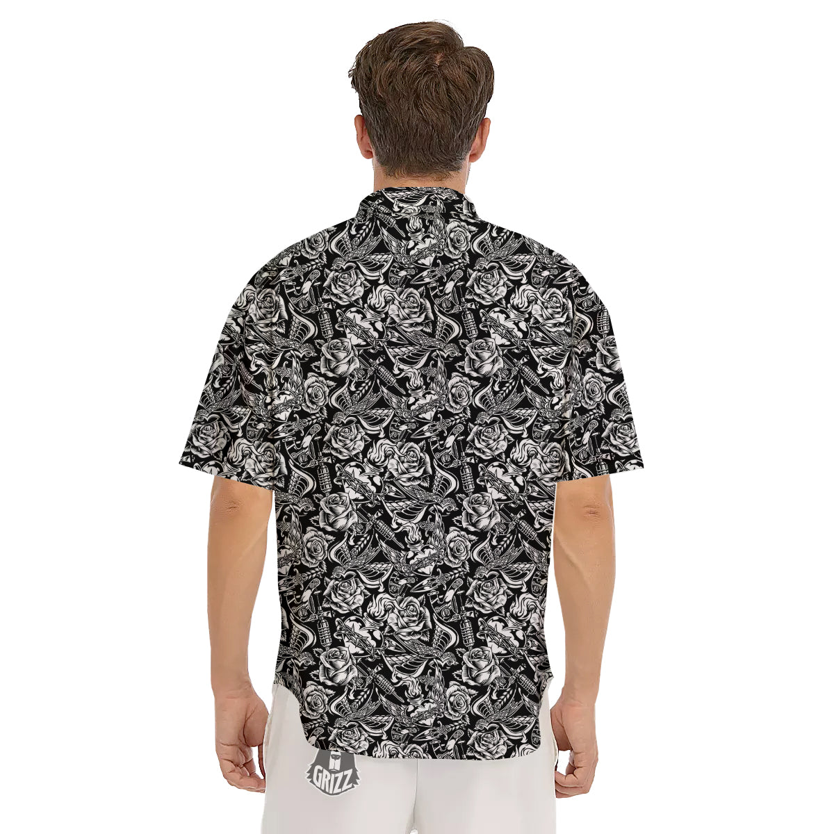 Black And White Oldschool Tattoo Print Pattern Men's Short Sleeve Shirts-grizzshop